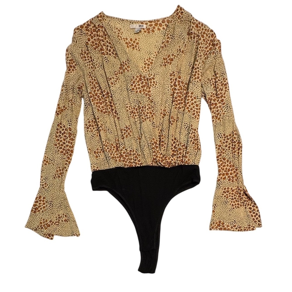 Leopard Print Long Sleeve‎ Wrap Front Bodysuit Bell Sleeves Lightweight Women XS